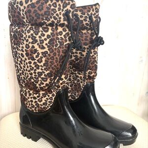 Corkys Black and Leopard Print Rain Boots